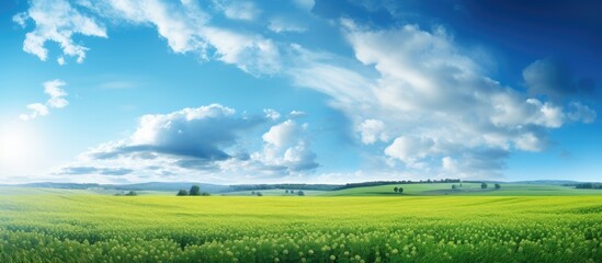 Wall Mural - Serene View of Lush Green Pastures in the Countryside under a Clear Blue Sky