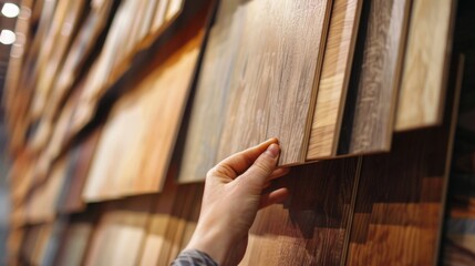 Poster - A person touching a wall of wood planks. Suitable for construction or home improvement themes