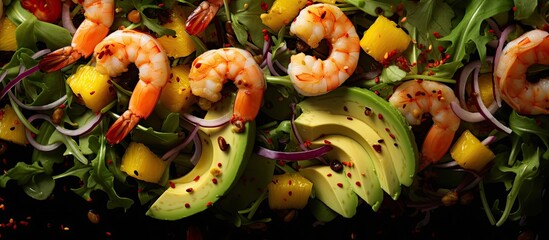 Poster - Colorful Salad with Fresh Shrimp, Avocado, and Mango Served on a White Plate