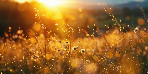 Poster - Beautiful sunset over a grass field, perfect for nature backgrounds or environmental concepts
