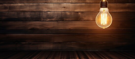 Poster - Innovative Ideas: Light Bulb Illuminates a Rustic Wooden Wall with Creativity and Inspiration