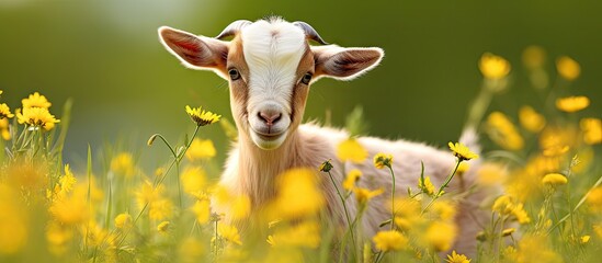 Sticker - Adorable Kid Goat Frolicking Among Lush Buttercup Flowers in a Vibrant Meadow