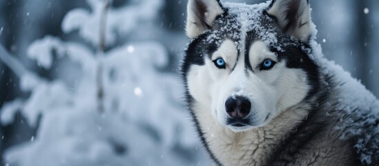 Poster - Majestic Husky with Striking Blue Eyes Standing Proudly in the Winter Snowstorm