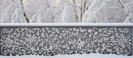 Poster - Tranquil Winter Scene: Snow-Covered Bench with Intricate Frost Patterns