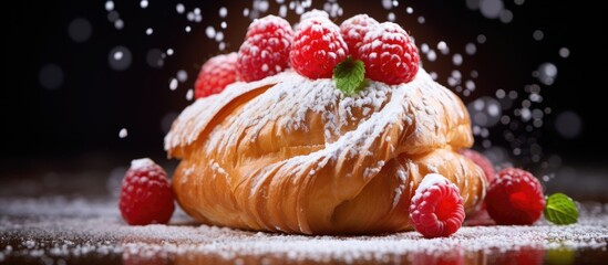 Poster - Exquisite Raspberry Topped French Pastry with a Dusting of Powdered Sugar Close-Up Shot