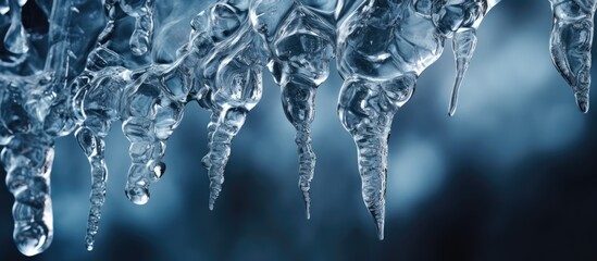 Poster - Ethereal Ice Sculptures: Intricate Icicles Gleam Against a Serene Blue Backdrop