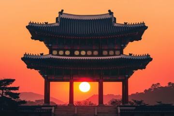Poster - A scenic view of the sun setting behind a modern skyscraper. Suitable for architectural and urban design concepts