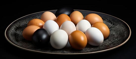 Poster - Organic Chicken Eggs on Black Plate, Some Intact, Some Broken with Yolk, Top View Food Photography