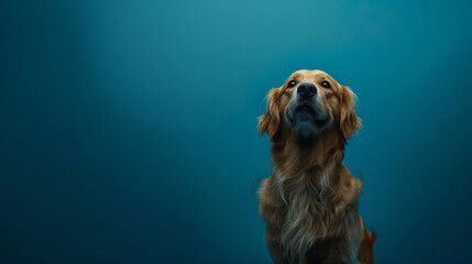 A fluffy golden retriever sitting elegantly against a deep blue background.