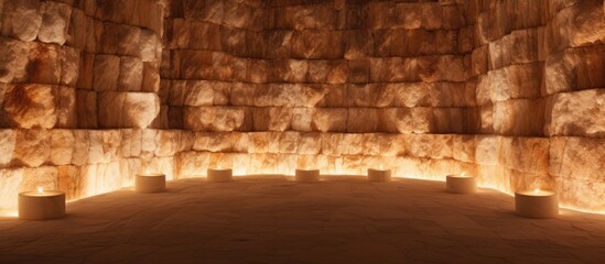 Poster - Tranquil Salt Stone Wall Illuminated by Candles in a Serene Cave Spa Interior