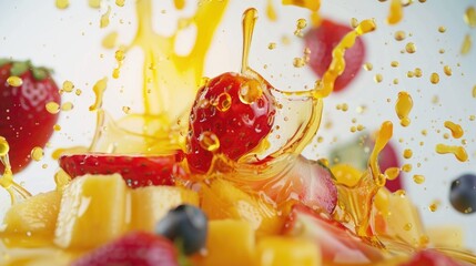 Poster - Close-up view of a delicious fruit salad with a refreshing orange juice. Perfect for healthy lifestyle concepts