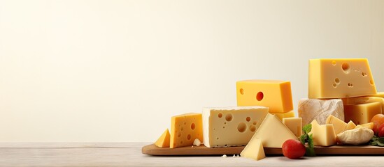 Poster - Assorted Cheese Selection on White Background - Gourmet Culinary Ingredients Displayed on Wooden Cutting Board