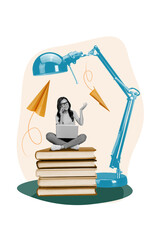 Poster - Poster banner collage of young lady worker high school student answer phone call customer want buying book order