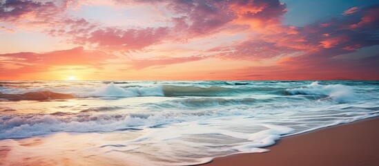 Poster - Painting in the Sand: Majestic Colors of a Beach Sunset with Dramatic Waves