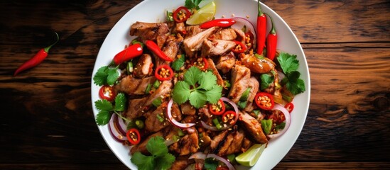 Canvas Print - Savory Galangal Pork Salad Infused with Citrus Flavors on Rustic Wooden Plate