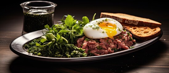 Aufkleber - Savory Veal Tartare Delightfully Served with a Fried Egg, Greens, and Flavorful Sauce