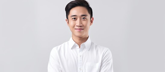 Poster - Confident Asian Man in White Shirt and Black Pants Posing with Crossed Arms on White Background