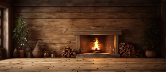 Poster - Rustic Fireplace Warms Cozy Wooden Room with Homely Vibe and Comforting Glow