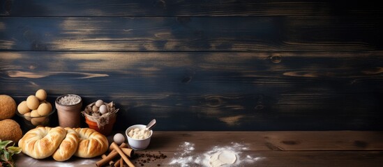 Poster - Artisanal Bakery Ingredients on Wooden Table: Flour, Yeast, Dough, Breadsticks, Olive Oil
