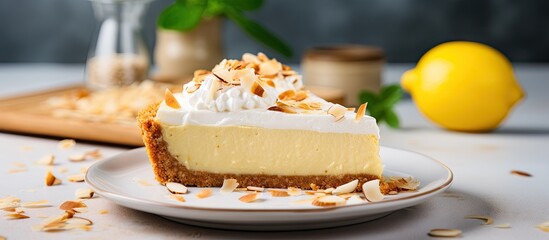 Sticker - Delicious Homemade Keto Lemon Cream Pie Served on Plate with Almond Coconut Crust