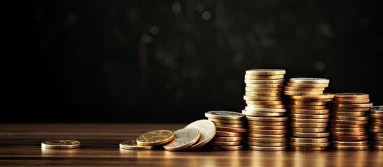Poster - Illuminating Wealth: Stack of Coins and Glowing Light Bulb on Wooden Surface