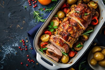 Wall Mural - Rolled sliced pork roasted in white casserole dish with potatoes, vegetables and herbs on blue dark concrete rustic background top view. Baked pork roll with vegetables for dinner. 