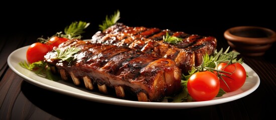 Poster - Delicious Grilled Ribs Served with Fresh Tomatoes and Aromatic Herbs on White Background