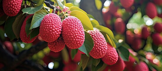 Poster - Vibrant Cranberry Cluster Dangling from Lush Asian Jackfruit Tree Branch