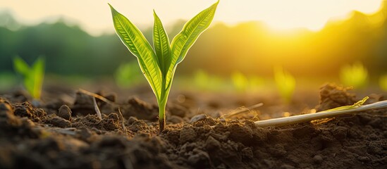 Poster - Vibrant Maize Seedling Thriving in Rich Soil During Sunset in Agricultural Field