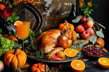 Thanksgiving festive table composition with roasted turkey, pumpkins, vegetable salad, fruit, orange beverage. Thanksgiving celebration dinner with traditional autumn meals on rustic dark table. 