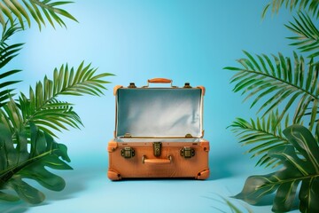 Sticker - Travel suitcase with miniature palm trees leaves and tropical landscape on flat background. Creative concept for summer time, exotic travel. 