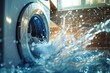 Water coming out of a washing machine. Perfect for illustrating water damage, appliance repair, or household chores. 