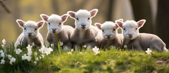 Poster - Vibrant Spring Scene with Flock of Sheep Grazing in Lush Green Pasture under Clear Skies