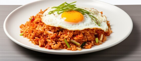 Wall Mural - Savory Korean Kimchi Fried Rice Served with a Crispy Egg on Ceramic Plate