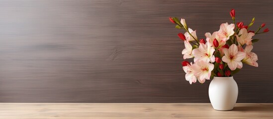 Poster - Elegant Vase Adorned with Vibrant Flowers Resting on a Rustic Wooden Table