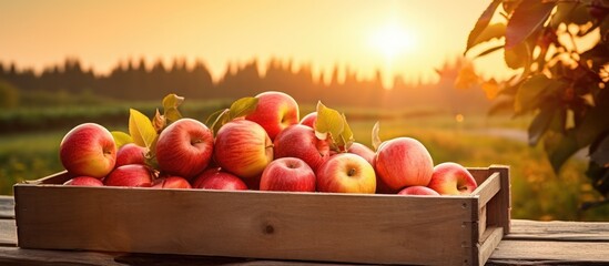Poster - Rustic Sunset Harvest: Abundant Apples Packed in Wooden Crate on Farm Table