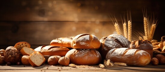 Sticker - Variety of Freshly Baked Bread Displayed on a Wooden Table in a Rustic Bakery Setting