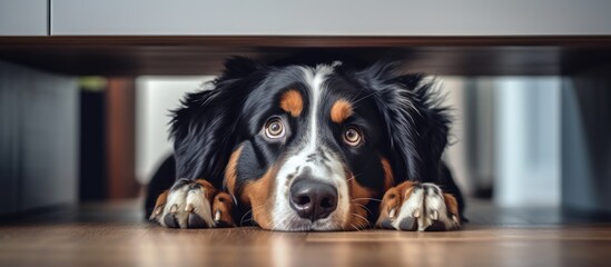 Wall Mural - Adorable Bernese Mountain Dog Posing for Camera on Kitchen Floor with Expressive Eyes and Curious Expression