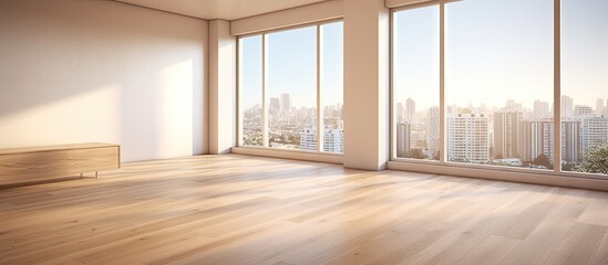 Poster - Serene Urban Oasis: Spacious Room with Panoramic Window and Rustic Wooden Bench