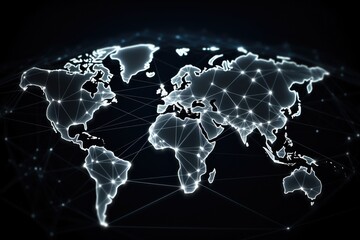 Poster - Map of the planet, Internet and technology. Modern science. Abstract plexus geometric background, Futuristic world map, Ai Generated