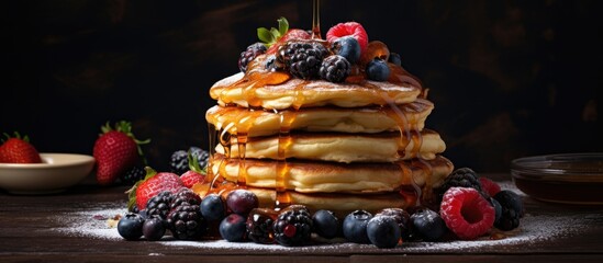 Sticker - Delicious Stack of Pancakes with Sweet Berries and Caramel Syrup on Dark Wooden Table