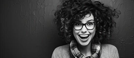 Poster - Expressive Portrait of Diverse Hipster Woman with Curly Hair and Glasses Making Funny Faces