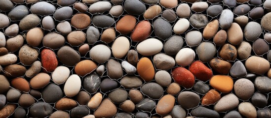 Poster - Rustic Collection of Eggs Captured in Wire Mesh Against River Stone Background