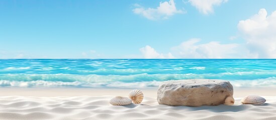 Poster - Serene Beach Scene with Abstract Stone Podium on Summer Sand near Tropical Sea