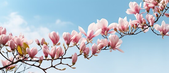 Sticker - Elegant Magnolia Blossoms Gracefully Frame a Serene Blue Sky Background