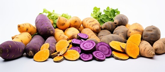 Wall Mural - Vibrant Variety of Colorful Sweet Potatoes on Clean White Background - Fresh Harvest Produce