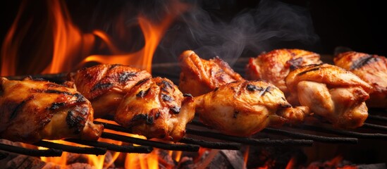 Poster - Flames engulf a variety of delicious grilled chicken cooking on the market stall