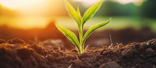 Poster - Vibrant Young Corn Sprout Thriving in Rich Fertile Soil at Sunset