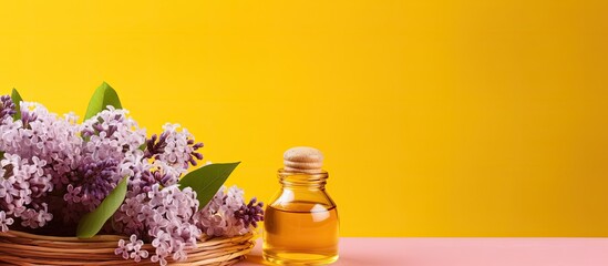 Poster - Tranquil Basket of Lilac Flowers and Aromatic Essential Oil on Yellow Background