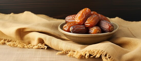 Poster - Delicious Dates Displayed in a Golden Bowl on Elegant Hemp Fabric Background